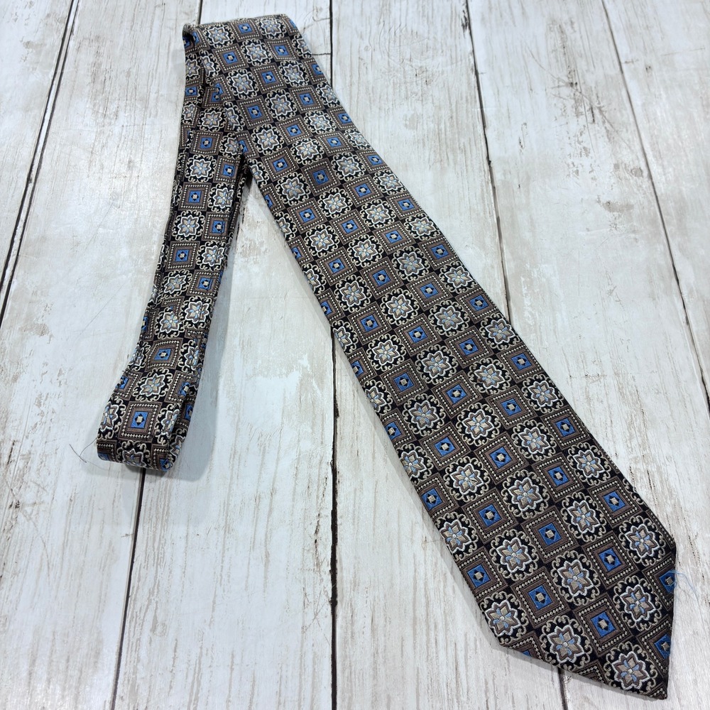 Pronto Uomo Couture Mens Silk Tie Brown Black Blue Geometric Medallion Pattern